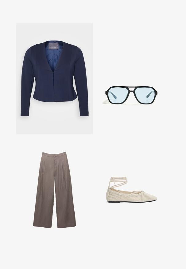 Námornícky modrý skrátený blazer s dlhými rukávmi, hlbokým výstrihom do V, hladkou textúrou a jedným predným zapínaním. Podšívka s viditeľnou etiketou.; Biely bavlnený tričko s okrúhlym výstrihom a krátkymi rukávmi. Uvoľnený strih s hladkou textúrou a bez viditeľných vzorov alebo akcentov.; Bledé nohavice z ľanovej látky s vysokým pásom a prednými záhybmi, navrhnuté pre voľný a uvoľnený strih.; Béžové pletené balerínky s špicatou špičkou, plochou podrážkou a obtočenými šnúrkami. Textúra je otvorená, s hladkým vnútorným podšívom.; Čierne slnečné okuliare s obdĺžnikovými rámami, modro sfarbenými sklami a charakteristickým dizajnom mostíka. Elegantný povrch, decentná Textúra.; Hedvábný čtvercový šátek s krémovým podkladem a jemným vzorem, lemovaný dvěma hnědými pruhy a světle taupe akcentním okrajem.; Plátená taška v svetlosivobéžovej farbe s dvoma pevnýmii rúčkami, kontrastným bielym lemovaním a logom "THE NORTH FACE" v čiernej farbe na prednej strane.