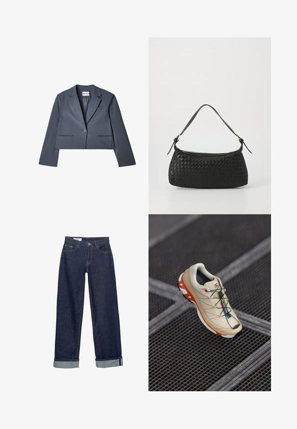 Blazer gris raccourci en tissu lisse, doté de deux poches avant, d'une fermeture à un seul bouton et d'un col cranté. Doublure visible à l'intérieur.; Haut noir à manches longues avec un design en tricot texturé et ajouré, présentant un décolleté large en scoop et une fermeture à lien dans le dos.; Jeans en denim bleu foncé avec une coupe large, dotés d'un ourlet replié et d'un style classique à cinq poches. Fini avec des accents de couture dorée.; Baskets de course beiges avec des accents orange, conçues avec un dessus texturé, une semelle extérieure noire et des lacets intégrés. Présente un logo GORE-TEX.; Sac à épaule tissé noir avec une bandoulière en cuir lisse et une fermeture éclair. Présente une surface texturée et une forme courbée.