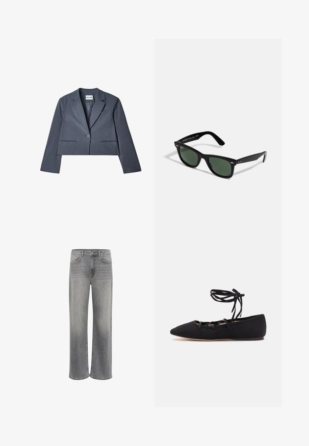 Blazer grigio tagliato realizzato in tessuto morbido, con due tasche frontali, chiusura con un solo bottone e rever a punta. Fodera visibile all'interno.; Top bianco a maniche lunghe realizzato in tessuto morbido e liscio. Presenta un collo a giro e una vestibilità slim con dettagli di cucitura minimi.; Jeans a gamba larga in denim grigio, caratterizzati da un alto punto vita, cinque tasche, una chiusura con bottone anteriore e una leggera sfumatura sul tessuto.; Loeffler Randall LOUISA LACE UP BALLET FLAT - Ballerine con cinturino - black; Ray-Ban WAYFARER UNISEX - Occhiali da sole - black; Quattro anelli in argento con disegni diversi: banda attorcigliata, curve sovrapposte, cristalli delicati e una banda liscia con piccoli dettagli.