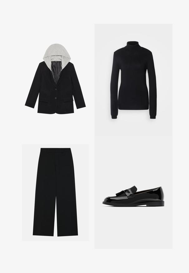 Blazer negru cu două buzunare frontale, închidere cu un singur buton și glugă gri detașabilă. Material moale cu căptușeală interioară netedă.; Pulover negru cu guler înalt, fabricat dintr-un material tricotat moale, având mâneci lungi și o siluetă ajustată, cu un guler și un tiv ribat.; Pantaloni negri cu picioare largi, confecționați dintr-un material fin. Dispun de un talie plată cu bucle pentru curea și nu au buzunare vizibile. Design simplu.; Mocasiini din piele lacuita neagra, cu tocul plat, avand un accent cu ciucure si o suprafata neteda, proiectati cu un vârf rotunjit si o cusatura subtila.