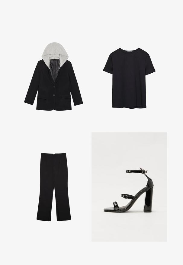 Čierny blazer s dvoma prednými vreckami, uzatváraním na jeden gombík a odnímateľnou sivou kapucňou. Mäkká tkanina s hladkou vnútornou podšívkou.; Jednoduché čierne bavlnené tričko s krátkym rukávom a okrúhlym výstrihom, umiestnené na bielom pozadí.; Čierne nohavice so strihom rovného strihu, s prednými vreckami a bočnými rozparkami na leme. Vyrobené z mäkkej, hladkej tkaniny. Vhodné na rôzne príležitosti.; Čierne lakované sandále na podpätku so štvorcovou špičkou, navlečenými remienkami okolo členku a striebornými prackami. Disponujú masívnym blokovým podpätkom pre stabilitu.