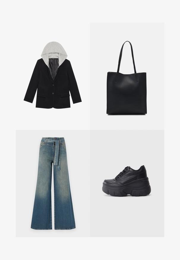 Black blazer with two front pockets, single button closure, and detachable gray hood. Soft fabric with a smooth inner lining.; Black cotton t-shirt with short sleeves, featuring a small pink butterfly graphic on the left chest. Crew neck design with a relaxed fit.; Wide-leg denim trousers featuring a light to dark blue gradient, high waist, belt loops, and a matching fabric belt. Textured denim finish.; Black lace-up sneakers with a chunky sole, featuring smooth leather upper, rounded toe, and distinct layered platform design.; Black leather tote bag with smooth texture, rectangular shape, and two long handles. No visible hardware or embellishments.