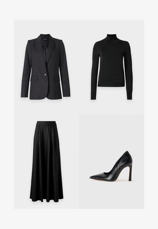 Zadig & Voltaire VALSE TAILLEUR - Blazer - black; Black long-sleeve turtleneck sweater with ribbed cuffs and hem, displayed on a plain white background.; Black, floor-length skirt with a smooth texture, wide waistband, and pleated design, featuring no visible patterns or embellishments.; Black pointed-toe high heel shoe with a crocodile-skin texture, featuring a sleek design, high stiletto heel, and smooth black interior.