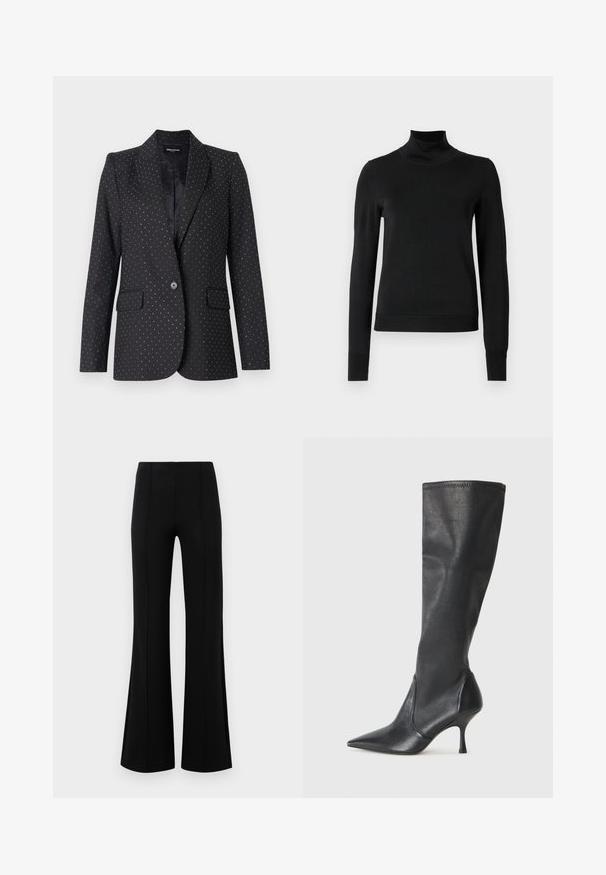 Zadig & Voltaire VALSE TAILLEUR - Bleiseri - black; Musta pitkähihaisen pooloneuleen, jossa on ribbikuvioiset hihansuut ja helma, esitetty yksinkertaisella valkoisella taustalla.; Musta leveälahkeinen housu, jossa on korkea vyötärö, valmistettu joustavasta kankaasta. Etupuolella on pystysaumayksityiskohtia ja sileä pinta.; Polvisuuriset mustat nahkasaappaat, joissa on terävä kärki ja hoikka stiletto-korko. Silkkinen pinta, tiukka muotoilu ja ompeleet yläreunassa.