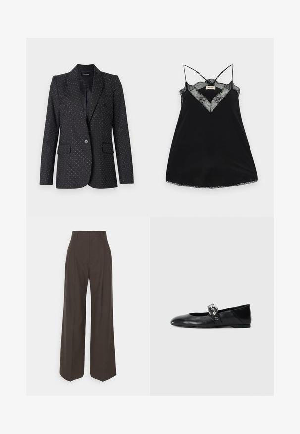 Zadig & Voltaire VALSE TAILLEUR - Blejzer - black; Čierna tielko s nastaviteľnými ramienkami, s čipkovým výstrihom a zvlnenými okrajmi. Hladká tkanina s jemným leskom.; Tmavohnedé široké nohavice s vysokým pásom, ktoré majú úhľadne prežehlené záhyby, hladkú textúru a strih na mieru.; Čierne kožené baletky s špicatou špičkou, so pásikom s okrúhlou kovovou sponou a plochou podrážkou.