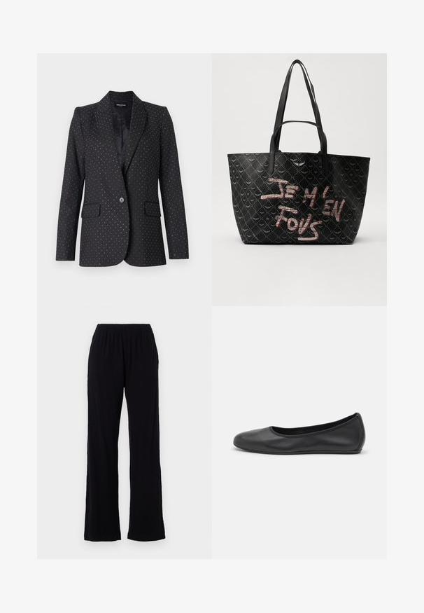 Zadig & Voltaire VALSE czarny; Biała koszulka krótki rękaw wykonana z materiału prążkowanego. Okrągły dekolt, regularny krój i subtelne detale szwów. Bez wzorów ani grafik.; Czarne, lekkie spodnie z elastycznym pasem i prostym krojem nogawek. Miękka tekstura, bez widocznych wzorów czy akcentów. Prosty i uniwersalny styl.; Czarne skórzane baletki z zaokrąglonym noskiem, gładką fakturą, minimalnymi przeszyciami i elastycznym designem podeszwy.; Czarna torba tote z teksturowanym materiałem, ozdobiona wzorem w diamenty, z ramiączkami na ramię oraz wyraźnym tekstem w kolorze czerwonym i białym, brzmiącym "JE M'EN FOUS."