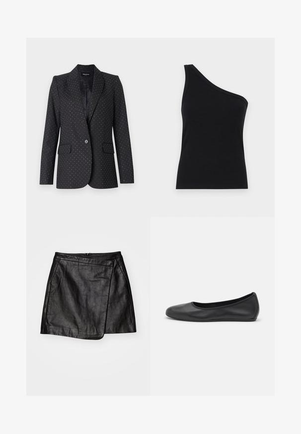 Zadig & Voltaire VALSE TAILLEUR - Blazer - black; Zwarte ribbel tanktop met één schouder, met een aansluitend ontwerp en een zachte textuur. Kenmerkt zich door een strakke, minimalistische snit en een soepele halslijn.; Zwarte leren mini-rok met een asymmetrisch wikkeldesign, met een gladde textuur en een rits aan de achterkant.; Zwarte leren ballerina met een ronde neus, gladde textuur, minimale stikdetails en een flexibele zoolontwerp.