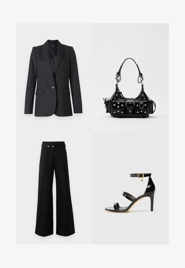 Zadig & Voltaire VALSE TAILLEUR - Blazer - black; Sort langærmet bodysuit med asymmetrisk drapering og samlinger over fronten samt knapper ved skridtet.; Sorte brede bukser med høj talje, som har store sidelommer, to forreste knapper og en løkke-detalje. Lavet af holdbart materiale.; Sorte patenterede lædersandaler med tre stropper, ankelspænde og 10 cm stiletthæl. Har detaljer i guld og et logo charms.; Sort læderhåndtaske med et buet design, prydet med sølvfarvede nitter, en spænde og to sidelommer. Justerbar rem til forskellige bære muligheder.