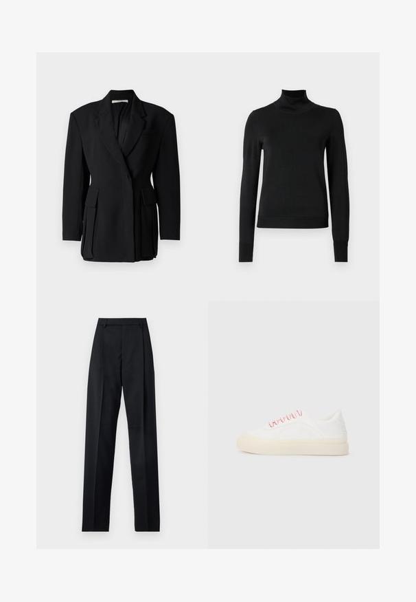 Black blazer with a single-breasted design, notched lapels, dual front patch pockets, and a textured fabric finish.; Black long-sleeve turtleneck sweater with ribbed cuffs and hem, displayed on a plain white background.; Black trousers made from smooth fabric featuring a high waist, wide legs, front pleats, and classic belt loops. No side pockets visible.; White sneakers with pink laces, featuring a smooth leather design, round toe, and a beige rubber sole, includes stitching details.