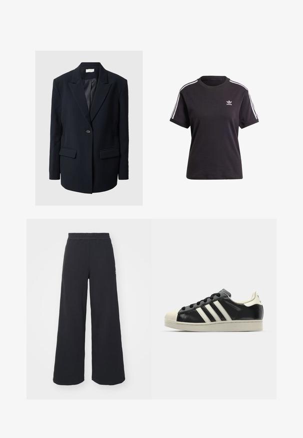 Prispôsobený čierny blejzer s vykrojenými klopami, jedným gombíkom na zapínanie, dvoma prednými vreckami a textúrovanými akcentmi na rukávoch. Hladká tkanina.; Čierne bavlnené tričko s krátkym rukávom a okrúhlym výstrihom, s bielymi pruhmi na ramienkach a malým bielym logom Adidas na hrudi.; Čierne širšie tepláky vyrobené z mäkkej látky, s elastickým pásom a malým logom na ľavej strane.; Čierne kožené tenisky s bielymi pruhmi, gumenou špičkou, čiernymi šnúrkami a krémovobielou podrážkou. Hladký povrch s lesklým finišom.