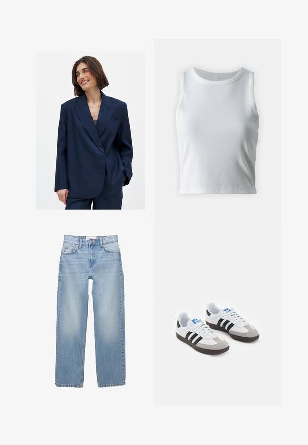 Blazer blu navy in tessuto liscio con revers a punta, dettaglio della tasca anteriore singola e vestibilità leggermente oversize. Adatto per diverse occasioni.; Top a canotta bianco a coste con scollatura rotonda e senza maniche, caratterizzato da un orlo dritto e una texture liscia e elastica.; Jeans in denim azzurro chiaro con design a gamba dritta, stile a cinque tasche e dettagli di cucitura visibili. Il tessuto ha una texture morbida e leggermente scolorita.; Scarpe sportive con tomaia in pelle bianca, punta in suede grigia e tre strisce nere. Presentano un logo blu sulla linguetta e una suola in gomma testurizzata.