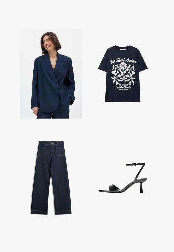 Blazer bleu marine en tissu lisse avec un col cranté, détail d'une poche avant unique et coupe légèrement surdimensionnée. Convient à diverses occasions.; T-shirt à manches courtes marine avec un graphique floral blanc et le texte "L'Archive Florale", "La Société du Jardin Evermist" et "Wild Flora Co."; Jean large en denim bleu foncé avec des coutures contrastantes beiges, deux poches arrière et une fermeture à boutons à la taille.; Bershka Sandales à talons hauts - black
