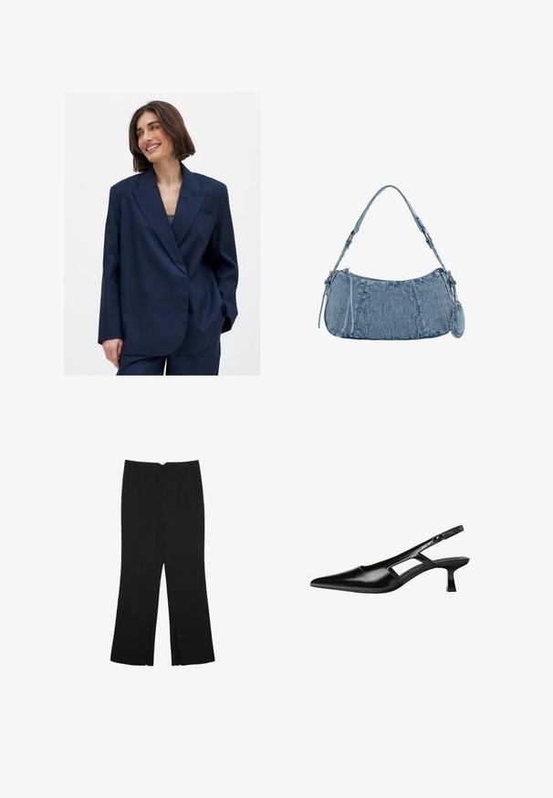 Mornarsko moder blazer iz gladkega materiala z ovratnikom v obliki klina, enojno sprednje žepno podrobnostjo in rahlo prenapihnjenim krojem. Primeren za različne priložnosti.; Bela bombažna majica s kratkimi rokavi in okroglo ovratnikom. Preprost dizajn, ohlapen kroj, gladka tekstura. Brez vzorcev ali vidnih poudarkov.; Črne hlače ravnega kroja z naglavnimi žepi in stranskimi razporki na robu. Narejene iz mehke, gladke tkanine. Primerne za različne priložnosti.; Črne patentični usnjeni salonarji s slingback designom, z zašiljenim nosom, izrezanim stranskim dizajnom in majhnim kvadratnim peto. Gladka tekstura z minimalnimi detajli.; Denim torbica s zakrivljenim oblikom, svetlo modre barve, nastavljivim naramnicam in majhno odstranitveno torbico z metalnimi detajli.