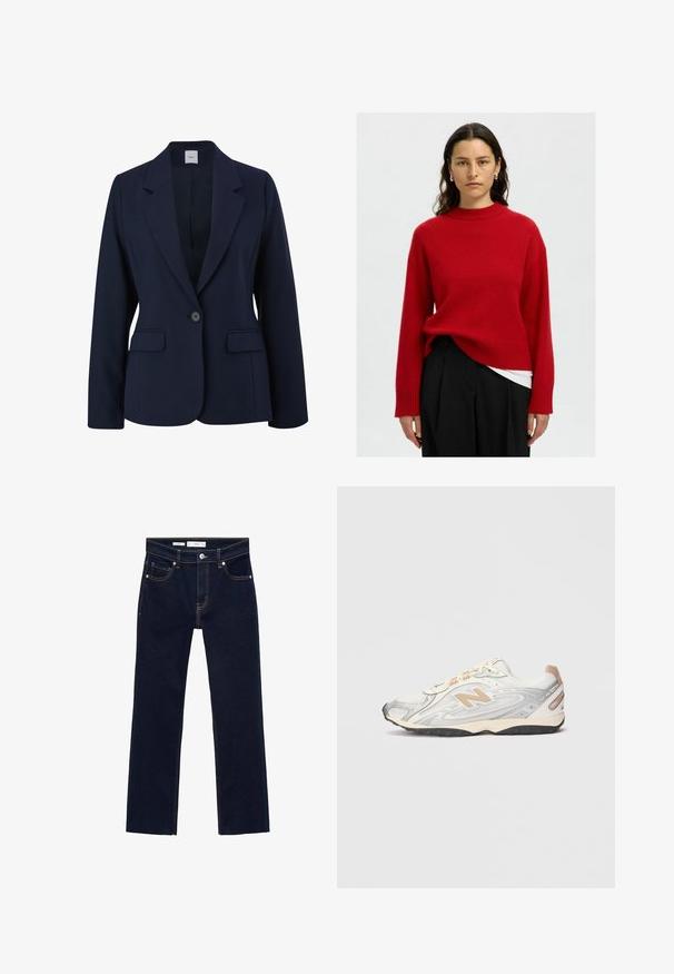 Mornarsko plavi sako od glatkog materijala, s jednostavnim zatvaranjem na jednom dugmetu, rebrastim reverima i dva prednja džepa. Jednostavan, strukturiran dizajn.; Crvena pletena pulover s visokim ovratnikom, spuštenim ramenima i rebrastim manžetama. U kombinaciji s bijelom majicom i crnim hlačama.; Tamno plave traperice s ravnim nogavicama, ukrašene narančastim šavovima, s pet džepova i metalnim dugmetom za zakopčavanje u struku.; Sportske tenisice u svijetlo sivoj boji s srebrnim akcentima, gornji dio od mrežaste tkanine, bež detalji i crna gumena potplata. Imaju vezice i podstavljeni ovratnik.