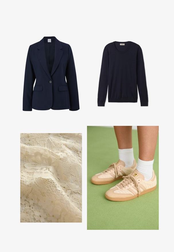 Navyblauer Blazer aus glattem Stoff, mit einem einzelnen Knopfverschluss, Reverskragen und zwei vorderen Taschen. Einfaches, strukturiertes Design.; Navyblauer Langarm-Pullover mit Rundhalsausschnitt aus weichem Material, mit gerippten Bündchen und Saum, im klassischen Schnitt und minimalistisch ausgestattet.; Beiger Spitzenstoff mit floralen Mustern, komplizierten Details, unterschiedlichen Texturen und einem zarten, durchsichtigen Aussehen.; Füße in beigen, gewebten Adidas-Sneakern mit Gummisohlen und weißen Knöchelsocken auf grüner texturierter Fläche.