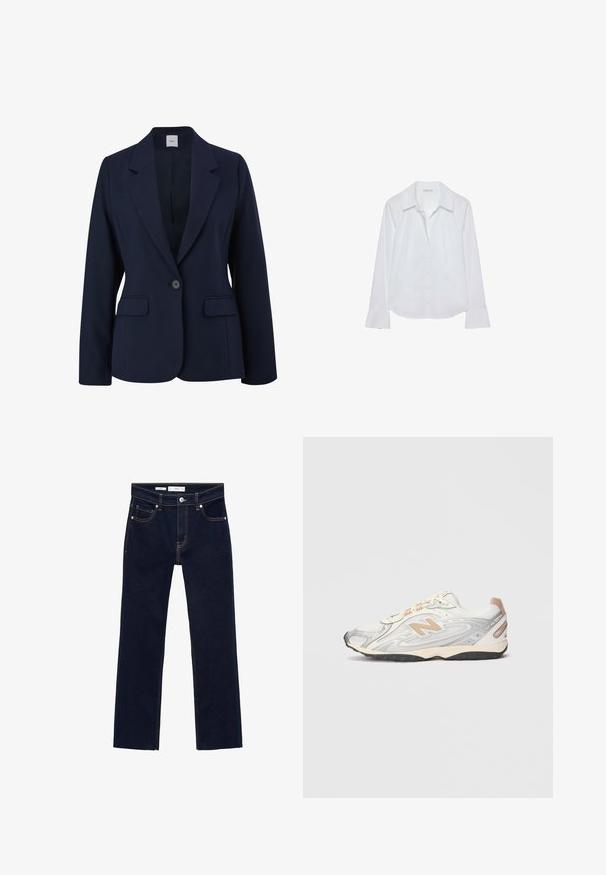 Navyblauwe blazer van gladde stof, met een enkele knoopsluiting, met notched revers en twee heeftjes aan de voorkant. Eenvoudig, gestructureerd ontwerp.; Witte lange mouw blouse met een kraag, knopen aan de voorkant, twee borstzakken, rechte zoom en iets uitlopende mouwen, gemaakt van een gladde stof.; Donkerblauwe spijkerbroek met een rechte pijp, voorzien van oranje stiksels, vijf zakken en een metalen knoopsluiting in de taille.; Sportsneaker in lichtgrijs met zilveren accenten, bovenwerk van mesh, beige details en zwarte rubberen buitenzool. Voorzien van veters en een gevoerd colletje.