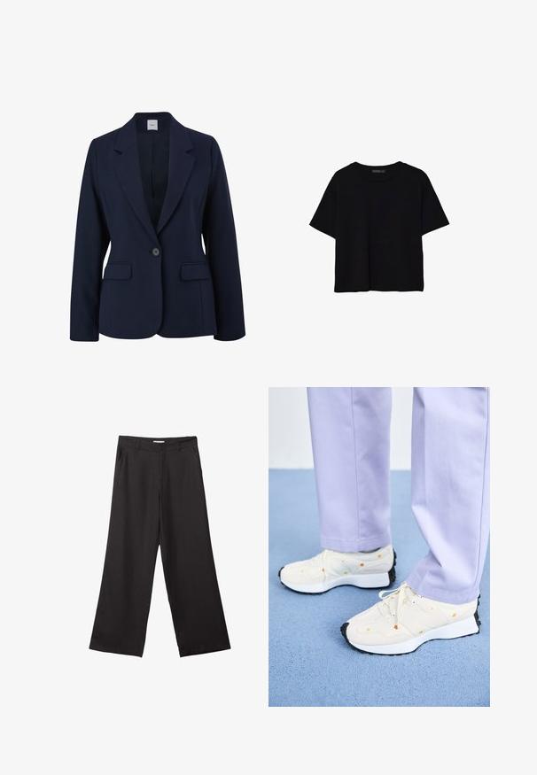 Navy blue blazer made of smooth fabric, featuring a single button closure, notched lapels, and two front pockets. Simple, structured design.; Black short-sleeve cropped t-shirt with round neckline and simple design laid flat on white background.; Black wide-leg trousers made of smooth fabric, featuring a front zipper and two side pockets, with a tailored fit and minimalistic design.; White sneakers with black soles and orange accents, paired with light purple pants. Sneakers feature a textured upper and lace closure.