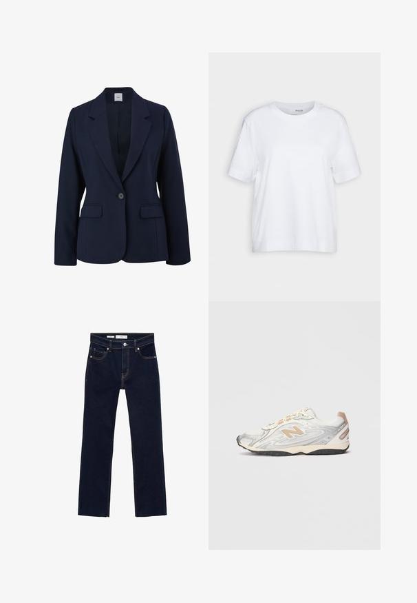 Navyblauer Blazer aus glattem Stoff, mit einem einzelnen Knopfverschluss, Reverskragen und zwei vorderen Taschen. Einfaches, strukturiertes Design.; Weißes T-Shirt mit kurzen Ärmeln, Rundhalsausschnitt, aus weichem, glattem Baumwollstoff, mit geradem Saum und minimaler Ausstattung. Schlichtes und vielseitiges Design.; Dunkelblaue Denim-Jeans mit geradem Schnitt, versehen mit orangefarbenen Nähten, fünf Taschen und einem Metallknopfverschluss an der Taille.; Sportlich gestaltete Sneaker in Hellgrau mit silbernen Akzenten, Obermaterial aus Mesh, beigen Details und schwarzem Gummiausgang. Verfügt über Schnürsenkel und einen gepolsterten Kragen.