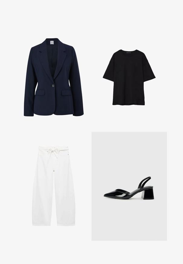 Námornícky modrý blejzer z hladkej tkaniny, s jedným gombíkom na zapínanie, klopovými goliermi a dvomi prednými vreckami. Jednoduchý, štruktúrovaný dizajn.; Čierne bavlnené tričko s voľným strihom, krátkymi rukávmi, zaobleným výstrihom a hladkou textúrou. Bez viditeľných vzorov alebo akcentov.; Biele široké nohavice vyrobené z ľahkej tkaniny, s pásom na šnúrku, dvoma prednými vreckami a jednoduchými kovovými ozdobami.; Čierne lakované kožené sandálové podpätky s špicatou špičkou a geometrickým blokovým podpätkom. Disponujú elegantným, minimalistickým dizajnom a hladkým povrchom.