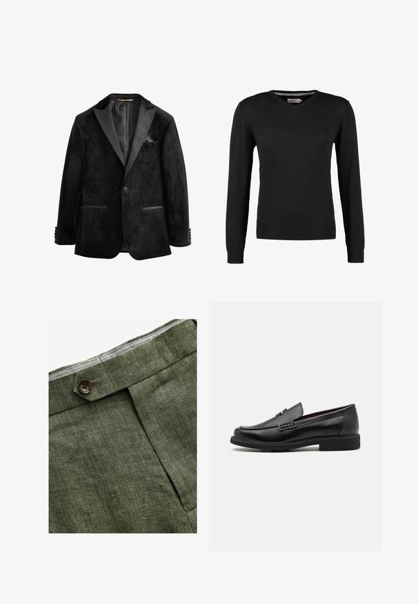 Sort fløjlstuxedojakke med satinreb, enkeltknaplukning og to forlommer. Har en lommetørklæde og en glat overflade.; Sort, tætsiddende V-hals sweater med lange ærmer. Fremstillet af blødt strikstof, med ribbede manchetter og talje. Minimalistisk design.; Hvid bomulds T-shirt med rund halsudskæring, båret med marineblå plisserede bukser og et brunt læderbælte med en guldbuckle.; Olivenfarvede linnedbukser med en frontfold, prydet med en knaplukning og et kontrastfarvet ternet for i taljebåndet.; Sorte syntetiske loafers med en fremtrædende syet front, polstret indersål og flad gummiydersål; slankt design med minimal detaljer.