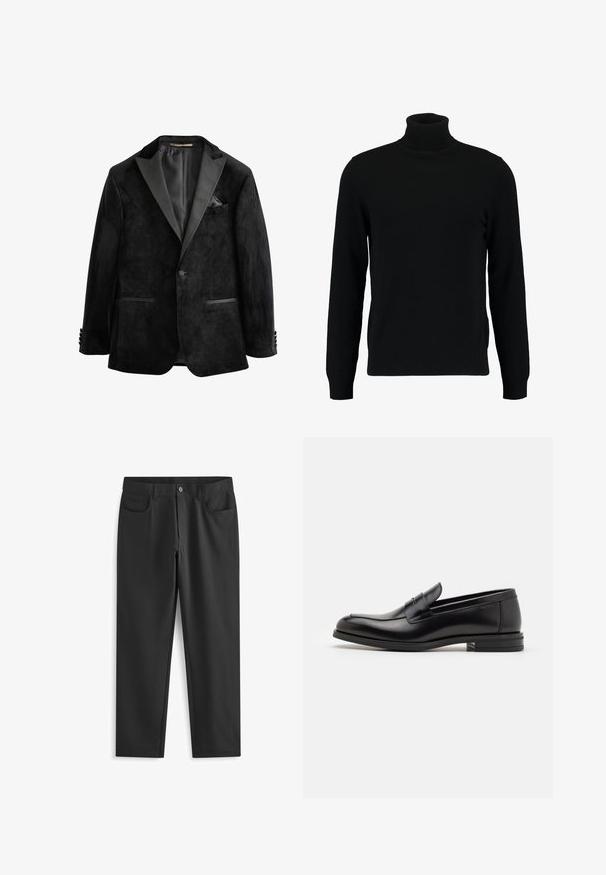 Svart sammetstuxedojacka med satinlagar, enkelknappstängning och två framfickor. Inkluderar en ficknäsduk och har en mjuk yta.; Svart polotröja i mjukt stickat material. Har långa ärmar, ribbad krage och fåll. Enkel, stilren design utan mönster.; Next SKINNY FIT PLAIN - Tygbyxor - black; Svarta läderloafers med en slät yta, rund tå och ett dekorativt band över främre delen. Låg staplad klack, minimalistisk design.