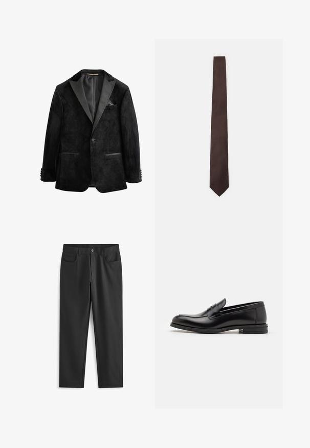 Black velvet tuxedo jacket with satin lapels, single-button closure, and two front pockets. Features a pocket square and smooth texture.; Black long-sleeve shirt made of smooth fabric, features a button-up front, pointed collar, and a tailored fit with a curved hem.; Next SKINNY FIT PLAIN - Trousers - black; Black leather loafers with a smooth texture, rounded toe, and a decorative strap across the vamp. Low stacked heel, minimalist design.; Brown tie with a textured pattern, sleek design, and pointed tip. Made of fabric, featuring a smooth finish and subtle sheen.
