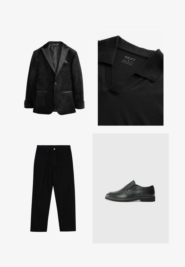 Zwarte fluwelen tuxedojack met satijnen revers, enkelknoopsluiting en twee voorzakken. Heeft een pochet en een soepele textuur.; Zwarte polo met een V-hals en een gestructureerde stof. Heeft een omgeslagen kraag en een label met merk- en maatinformatie. Regulere pasvorm.; Zwarte denim broek met een recht gesneden pasvorm, vijf gebruikersvriendelijke zakken en een sluiting met een knoop aan de voorkant. Soepele textuur met minimale stikdetails.; Zwarte leren instapper met een soepele bovenkant, gestikte accenten, ronde neus en een lage rubberen hak. De zool heeft minimale profiel.