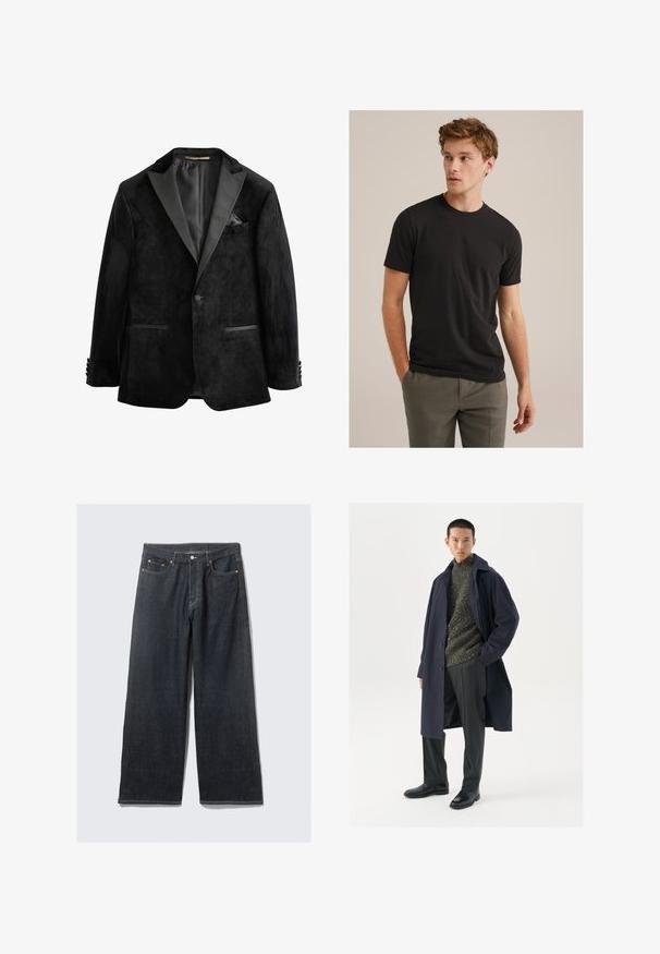 Giacca smoking in velluto nero con rever in satin, chiusura a un bottone e due tasche frontali. Include un fazzoletto da taschino e una texture liscia.; Giovane uomo con capelli ricci di castano chiaro che indossa una t-shirt nera a maniche corte e pantaloni grigi, che guarda verso sinistra con le mani nelle tasche.; Jeans larghi in denim scuro con vita alta, caratterizzati da cuciture arancioni a contrasto, cinque tasche e chiusura frontale con bottone.; Cappotto navy con chiusura a bottoni, maglione verde testurizzato, pantaloni neri e stivali in pelle nera. Tessuto liscio con silhouette strutturata.