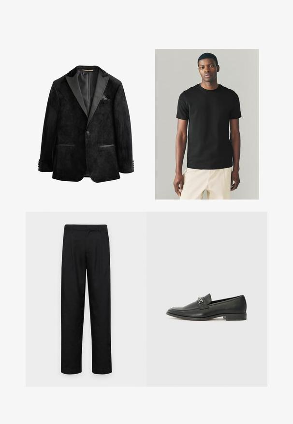 Zwarte fluwelen tuxedojack met satijnen revers, enkelknoopsluiting en twee voorzakken. Heeft een pochet en een soepele textuur.; Zwarte katoenen T-shirt met korte mouwen, ronde hals en een getailleerd silhouet, gecombineerd met lichtgekleurde broeken. Glad textuur.; Zwarte broeken van gladde stof, met een recht model, twee voorknikken en een standaard tailleband met riemlussen.; Zwarte leren instapper met een gladde afwerking, voorzien van een gestikt ontwerp en een decoratieve metalen kettingaccent over de wreef. Platte hak.