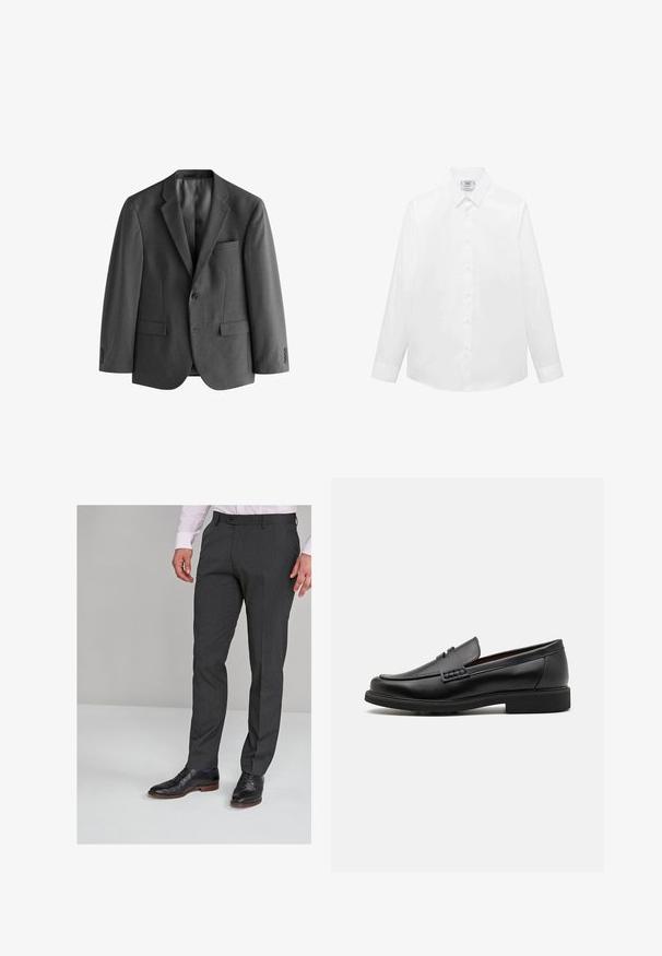 Grauer Blazer aus strukturiertem Stoff, mit einem Ein-Knopf-Verschluss, Reverskragen und einer Brusttasche. Zwei vordere Taschen sind ebenfalls enthalten.; Weißes Langarmhemd aus glattem Stoff, mit klassischem Kragen, Knopfleiste und abgerundetem Saum. Minimalistisches Design ohne Muster.; Grau maßgeschneiderte Hosen mit glatter Textur, flachem Vorderteil und Gürtelschlaufen, kombiniert mit schwarzen Schnürschuhen.; Schwarze synthetische Slipper mit einer markanten gesteppten Vorderseite, gepolstertem Fußbett und flacher Gummisohle; schlankes Design mit minimaler Detailverarbeitung.
