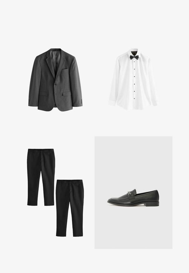 Hallhallane bleiser, mis on valmistatud tekstuuriga kangast, koos ühekohalise sulgemise, sakiliste kraede ja rinna-taskuga. Kahe esi-taskuga.; Valge puuvillane särk, millel on pikad varrukad, must nööpkrae ja mustad nupud ees.; Mustad mustad püksid siledast materjalist, sirge jala disainiga ja keskmise kõrgusega vöökoht. Näidatud on kaks paari, millest üks on lühendatud.; Must haveate nahkking punased, millel on sile viimistlus, tikitud muster ja dekoratiivne metallkett vampi üle. Tasane konts.