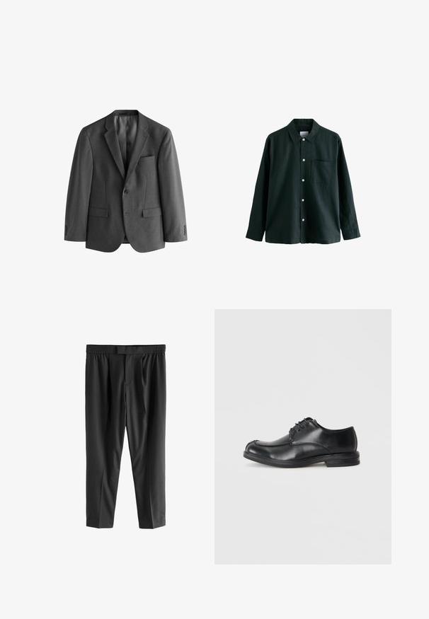 Blazer grigio realizzato in tessuto strutturato, con chiusura a un bottone, rever a lancia e taschino sul petto. Inclusi due taschini frontali.; Camicia button-up verde scuro con colletto, maniche lunghe e una tasca sul petto; presenta bottoni bianchi e una consistenza morbida.; Next REGULAR FIT -CHECK SMART - Chino - black; Scarpe in pelle nera con stringhe, puntale arrotondato, texture liscia e tacco basso. Presentano dettagli di cucitura lungo la tomaia e i lati.