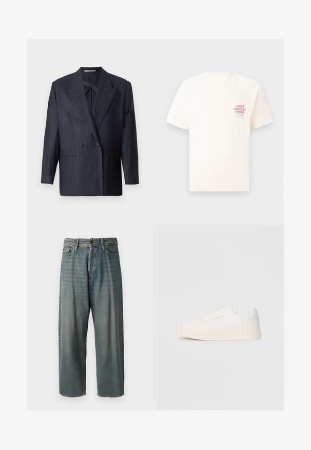 Mornarsko plavi prugasti dvoredni blazer sa širokim reverima, izrađen od teksturirane tkanine. Ima zakrpa džepove i dva dugmeta.; Bijela kratka majica s kratkim rukavima s crvenim natpisom "Studio Originals Edition" na lijevoj strani grudi, prikazana na neutralnoj sivoj pozadini.; Svijetloplave traperice s širokim krojem, srednjim pojasom i ravnim nogavicama. Ima pet džepova, petlje za remen i kopčanje na gumb.; Bijele slip-on tenisice s teksturiranom površinom, debelim đonom i minimalističkim dizajnom. Sadrže logo branda sa strane.