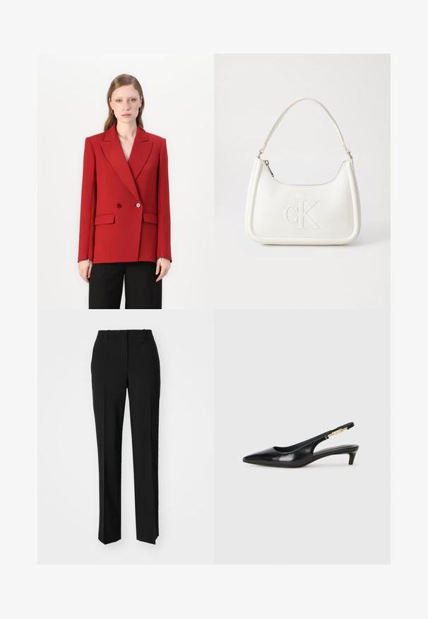 Blazer rouge à double boutonnage avec un col cranté, deux boutons et des poches latérales. Tissu à finition lisse, silhouette ajustée et manches longues.; Chemise blanche en lin à col pointu, à manches longues et à fermeture boutonnée. Présente une coupe décontractée et une texture lisse.; Pantalon noir ajusté avec une coupe droite, présentant une texture lisse et des plis nets sur le devant. Aucune quincaillerie visible.; Talons hauts en cuir noir avec un bout pointu, dotés d'un talon fin et d'un accent en ton or sur la lanière réglable. Texture lisse.; Sac à main en cuir blanc avec une forme courbée, arborant un logo "CK" embossé à l'avant et une seule bandoulière. Fermeture à glissière en haut.