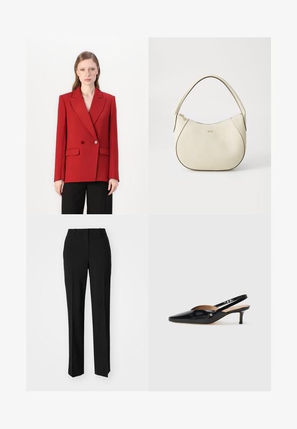 Blazer rosso doppiopetto con rever a punta, due bottoni e tasche laterali. Tessuto liscio, silhouette aderente e maniche lunghe.; Top in cotone bianco senza maniche con spalline sottili, caratterizzato da un collo a barchetta e una texture leggermente trasparente. L'orlo è diritto senza ulteriori rifiniture.; Pantaloni neri su misura con un design a gamba dritta, caratterizzati da una texture liscia e pieghe ben definite sul davanti. Senza hardware visibile.; Décolleté slingback in vernice nera con punta affilata, tacco basso e design con aperture sul vamp. Accento in hardware color oro sul lato.; Borsa color crema con una finitura testurizzata, forma curva, manico corto e dettaglio del logo in tonalità oro. Chiusura con zip nella parte superiore.