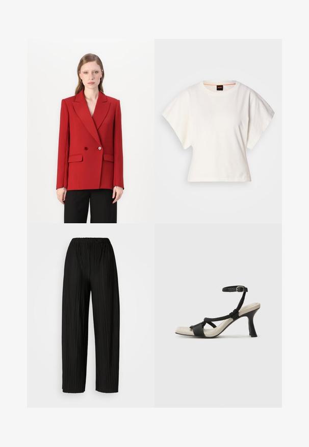 Rød dobbeltradet blazer med spidse klapper, to knapper og sidelommer. Glat stoffinish, tætsiddende silhuet og lange ærmer.; Hvid cropped T-shirt, korte brede ærmer, blødt bomuldsstof, rund halsudskæring med diskret orange kant, minimalistisk design uden mønstre eller grafik.; Sorte plisserede bukser med bredt ben og elastisk talje. Stoffet har lodrette plisseringer og en glat tekstur.; Sorte hælede sandal med flettet remdesign, firkantet tå og justerbar ankelrem. Lys beige fodseng med en blank sort hæl.