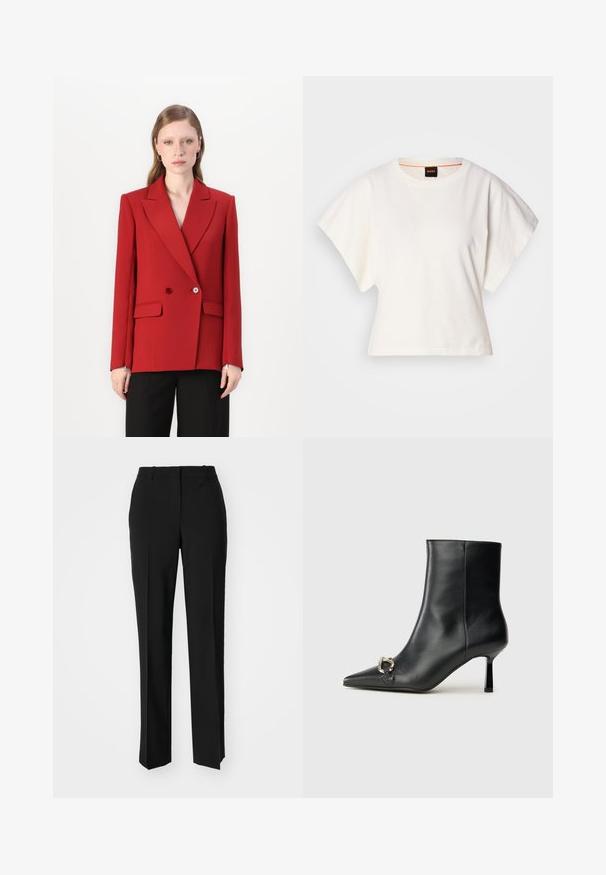 Blazer rojo de doble botonadura con solapa de pico, dos botones y bolsillos laterales. Tejido suave, silueta ajustada y mangas largas.; Camiseta blanca recortada, con mangas cortas y anchas, material de algodón suave, cuello redondo con un sutil ribete naranja, diseño minimalista, sin patrones ni gráficos.; Pantalones negros ajustados con un diseño de pierna recta, que presentan una textura suave y pliegues nítidos en el frente. Sin herrajes visibles.; Botín negro de cuero hasta el tobillo con punta afilada, tacón delgado de altura media y detalle de hebilla plateada en el lateral, sobre un fondo liso.
