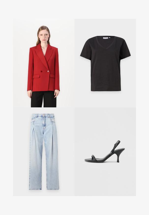 Red double-breasted blazer with a peak lapel, two buttons, and side pockets. Smooth fabric finish, fitted silhouette, and long sleeves.; Black cotton T-shirt with a V-neck and short sleeves. Simple design with a regular fit and no patterns or accents.; Light blue denim jeans with a high waist, wide-leg cut, two side pockets, and pleated design feature. Soft texture with a faded finish.; Black leather high-heeled sandals with a slim, curved heel and a crossed strap design. Adjustable ankle strap. Smooth texture.