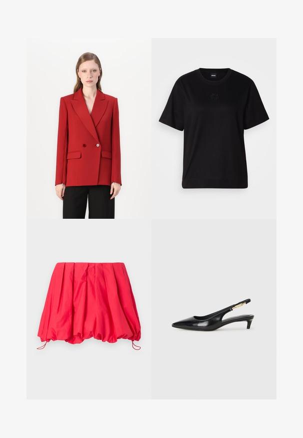 Raudonas dvigubas švarkas su smailiu apykakle, dviem mygtukais ir šoninėmis kišenėmis. Lygi audinio apdaila, prigludusi siluetas ir ilgos rankovės.; Juodas medvilninis marškinėliai su apvalia iškirpte, trumpomis rankovėmis ir siuvinėjimu ant krūtinės. Paprastas, laisvas siluetas be raštų.; Raudonas, klostuotas mini sijonas, pagamintas iš lengvos medžiagos; turi elastinį apatinį kraštą su raišteliais, leidžiančiais reguliuoti dydį. Sklandus paviršius.; Juodas odinis pavasario batelių modelis su smailiu nosiu, turintis siaurą kulniuką ir auksinės spalvos akcentu reguliuojamoje juostoje. Lygi tekstūra.