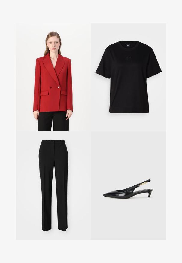 Κόκκινο σακάκι με δύο κουμπιά, με ψηλό πέτο, πλευρικές τσέπες και λεία υφή. Έχει εφαρμοστή σιλουέτα και μακριά μανίκια.; Μαύρο βαμβακερό μπλουζάκι με στρογγυλή λαιμόκοψη, κοντά μανίκια και κεντημένο λογότυπο στο στήθος. Απλή, χαλαρή γραμμή χωρίς σχέδια.; Μαύρο παντελόνι με ραφή που έχει σχεδιασμό ίσιας γραμμής, διαθέτει λεία υφή και καθαρές πτυχώσεις κατά μήκος της μπροστινής πλευράς. Χωρίς ορατό μεταλλικό υλικό.; Μαύρες δερμάτινες γόβες slingback με μυτερή μύτη, διαθέτοντας λεπτό τακούνι και χρυσή λεπτομέρεια στην ρυθμιζόμενη λωρίδα. Λείος υφές.