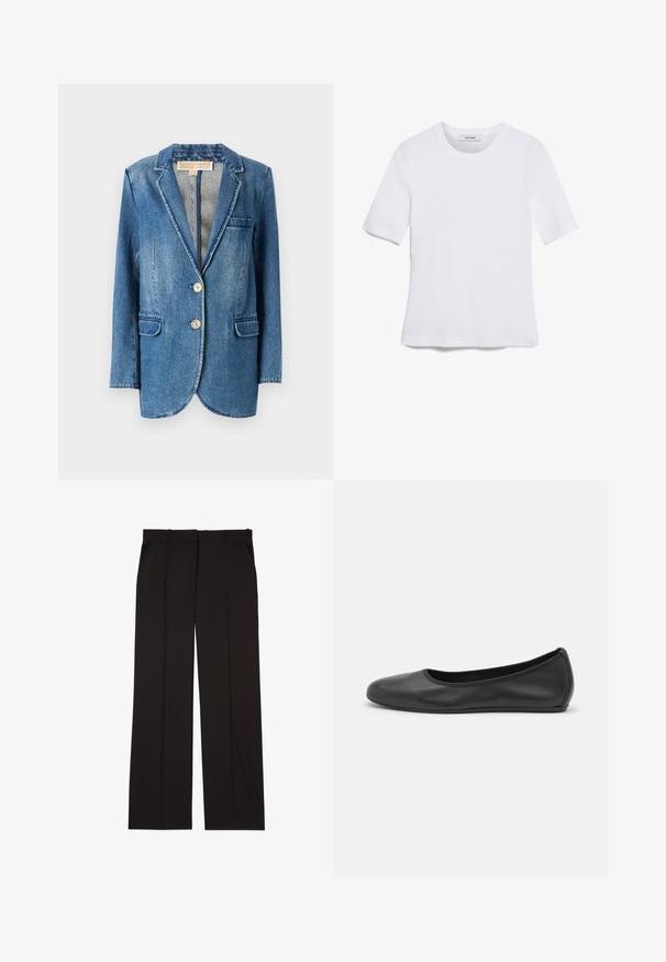 Denimblaiser i middels blå med en skreddersydd passform, notklipper, to frontlommer og to-knapps lukking. Svakt falmet tekstur.; Hvit kortermet t-skjorte laget av ribbestrikket materiale. Rund hals, vanlig passform og subtile sømdetaljer. Ingen mønstre eller grafikk.; Sorte skreddersydde bukser laget av et glatt stoff, med rett ben-design og to sidelommer. Elegant og minimalistisk konstruksjon.; Svart skinnballettflatt med rund tå, glatt tekstur, minimal sømdetalj, og et fleksibelt såledesign.