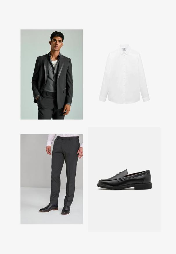 Dunkelgrauer Anzug mit satinierten Akzenten, zugeknöpftes Sakko und maßgeschneiderte Hose. Darunter trägt man ein hellgraues Hemd über einem weißen T-Shirt.; Weißes Langarmhemd aus glattem Stoff, mit klassischem Kragen, Knopfleiste und abgerundetem Saum. Minimalistisches Design ohne Muster.; Grau maßgeschneiderte Hosen mit glatter Textur, flachem Vorderteil und Gürtelschlaufen, kombiniert mit schwarzen Schnürschuhen.; Schwarze synthetische Slipper mit einer markanten gesteppten Vorderseite, gepolstertem Fußbett und flacher Gummisohle; schlankes Design mit minimaler Detailverarbeitung.