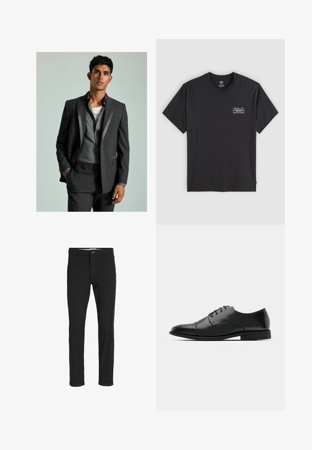 Dark grey suit with satin accents, buttoned blazer, and tailored trousers. Underneath is a light grey shirt layered over a white T-shirt.; Black cotton t-shirt with short sleeves and a round neck. Features a small white graphic print on the left chest. Smooth texture.; Black cotton blend pants with a slim fit, featuring a button closure, pockets, and rolled cuffs for a casual finish.; Black leather dress shoe with a rounded toe, lace-up design, subtle stitching details, and a low heel. Smooth texture with polished finish.