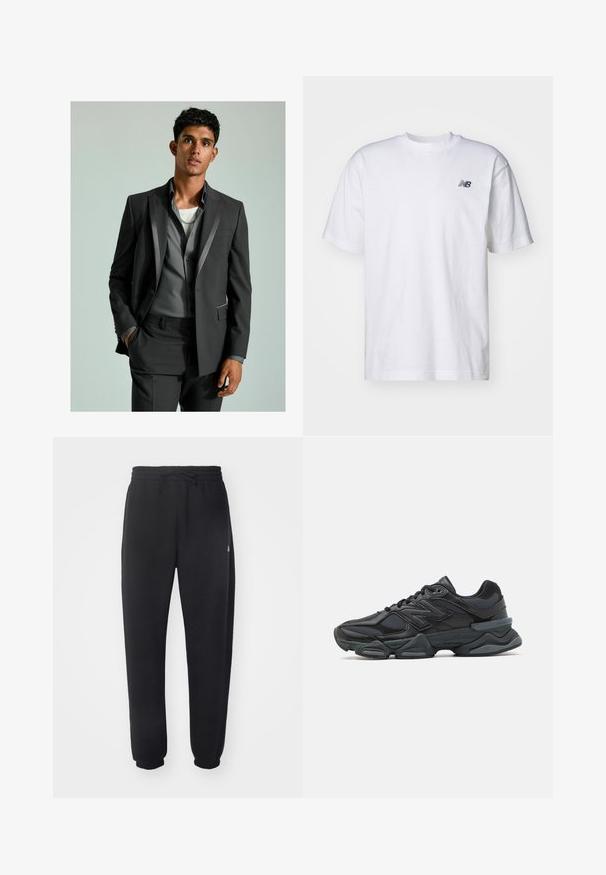 Costume gris foncé avec des accents satinés, blazer boutonné et pantalon ajusté. En dessous, une chemise gris clair superposée à un t-shirt blanc.; T-shirt blanc à manches courtes et col ras du cou avec un petit logo New Balance noir sur la poitrine gauche, sur un fond uni.; Pantalon de sweat noir en matière douce, avec une taille élastique, un cordon de serrage et des poignets fuselés, arborant un logo discret sur le côté.; Chaussure de course noire mettant en avant un mélange de mesh et de matériaux synthétiques, avec une semelle épaisse, un design arrondi et un logo bien visible sur le côté.