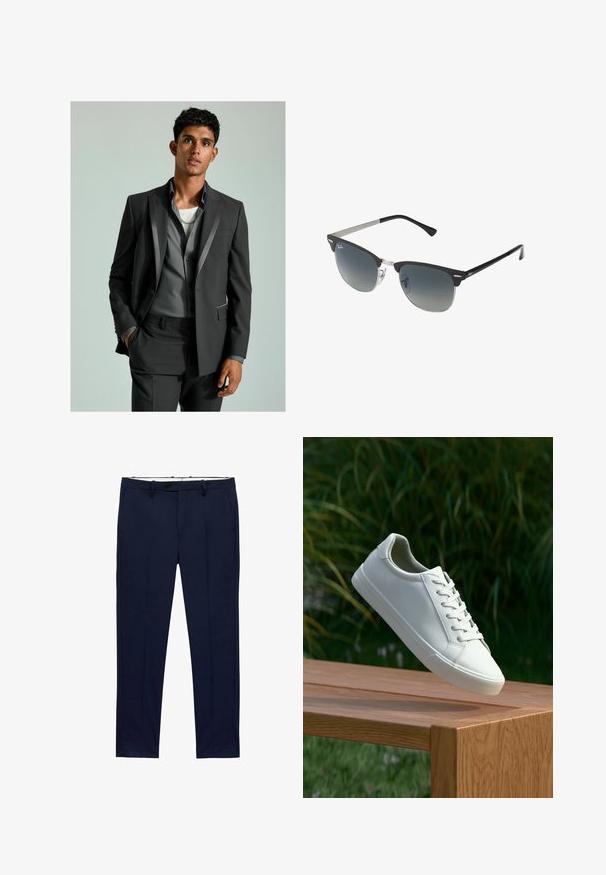 Tmavě šedý oblek se saténovými akcenty, zapnutý blazer a upravené kalhoty. Pod tím je světle šedá košile přehozená přes bílý tričko.; Bílé trička s krátkým rukávem poskládaná, vyrobená z bavlny. Mají kulatý výstřih a rovný střih. Tkanina vypadá hladce, bez vzorů.; Námořnické modré kalhoty se slim fit a pruhovaným vzorem. Obsahují zip, poutka na opasek a přední kapsy. Hladká textilie.; Bílé šněrovací tenisky, které se vznášejí nad dřevěnou lavicí, s zeleným listím v pozadí, předvádějící design a strukturu boty.; Černé a stříbrné sluneční brýle ve tvaru kočičích očí, se stupňovitými skly a kovovými detaily na rámu. Plastové nožičky s šedými konci.