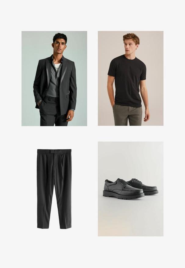 Costume gris foncé avec des accents satinés, blazer boutonné et pantalon ajusté. En dessous, une chemise gris clair superposée à un t-shirt blanc.; Jeune homme aux cheveux châtains clair et bouclés, portant un t-shirt noir à manches courtes et un pantalon gris, regardant vers sa gauche les mains dans les poches.; Next REGULAR FIT -CHECK SMART - Chino - black; Chaussures en cuir noir avec une tige texturée, bout rond, design à lacets et semelles en caoutchouc épaisses dotées d'un motif de semelle.