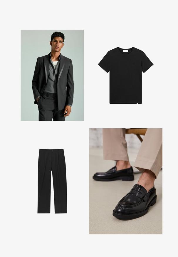 Abito grigio scuro con dettagli in satin, blazer abbottonato e pantaloni su misura. Sotto indossa una camicia grigio chiaro sovrapposta a una maglietta bianca.; T-shirt nera a maniche corte in cotone, con scollatura rotonda e un piccolo logo ricamato sul petto. Tessuto liscio, vestibilità standard.; Pantaloni neri con un design a gamba dritta, realizzati in un tessuto liscio. Presentano pieghe frontali e una chiusura a un bottone in vita.; Mocassini in pelle nera con finitura liscia, dotati di una cintura decorativa e cuciture a contrasto, abbinati a pantaloni beige.