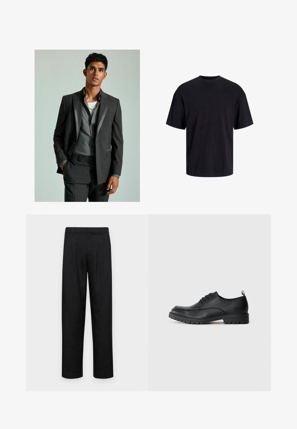 Tumehall ülikond satäänaktsentidega, nööbitud bleiser ja kohandatud püksid. All on heledast hallist särgist üleval valge T-särk.; Must must on mustre, lühikeste varrukatega ja vabalt langev. Sile tekstuur ja ilma nähtavate mustrite või aktsentideta.; Mustad mustadest riietest, millel on sirge jalgade disain, kaks eesmist voltimist ja tavaline vöökoht, millel on vöökohad.; Mustad mustaläike, millel on sile tekstuur, ümar varvas, sidumisfront ja tugev kummitald, millel on mustriga täkk.