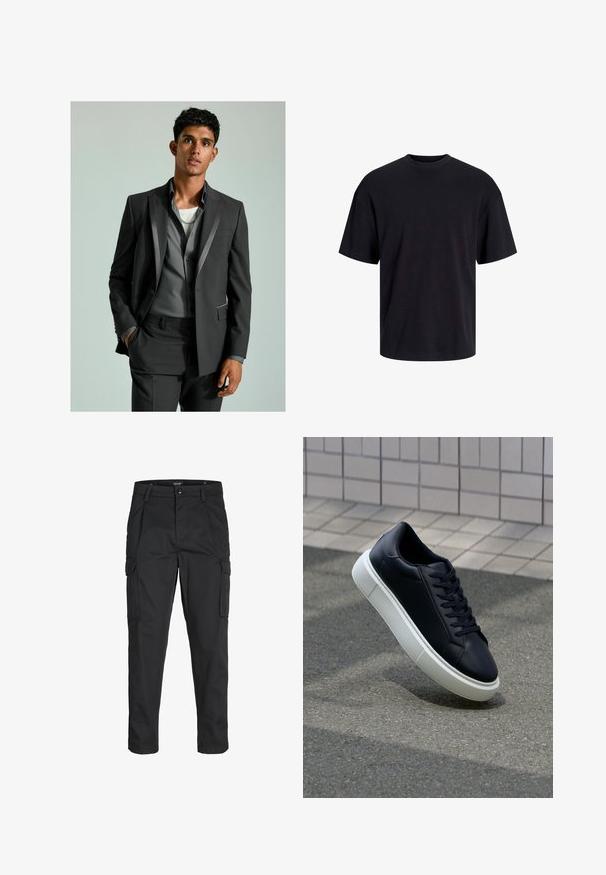 Dark grey suit with satin accents, buttoned blazer, and tailored trousers. Underneath is a light grey shirt layered over a white T-shirt.; Black cotton t-shirt with a crew neckline, short sleeves, and a relaxed fit. Smooth texture and no visible patterns or accents.; Black cargo pants made of sturdy fabric, featuring multiple pockets, a button closure, and a slim fit design with tapered legs.; Black leather sneaker with rounded toe and white rubber sole. Features flat laces and minimal stitching on the upper. Textured sole for grip.
