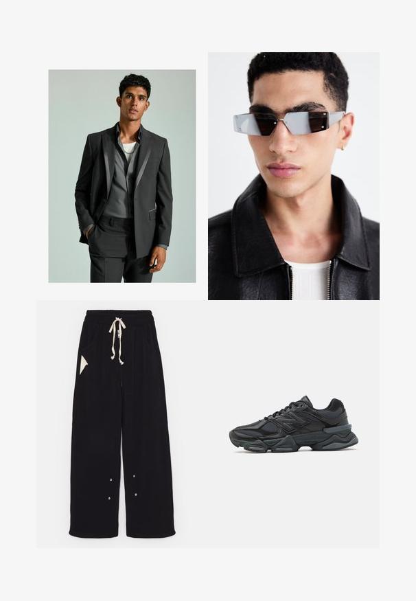 Dark grey suit with satin accents, buttoned blazer, and tailored trousers. Underneath is a light grey shirt layered over a white T-shirt.; Black short-sleeve T-shirt made of cotton, featuring a round neckline and relaxed fit. Smooth texture with minimal stitching details.; Black wide-leg pants made of soft fabric featuring a drawstring waist, side pockets, and a triangular accent pocket. Silver hardware details included.; Black running shoe featuring a mix of mesh and synthetic materials, chunky sole, curved design, and prominent branding on the side.; Angular gray-tinted sunglasses with silver hardware, set against a light background. The lenses feature a unique geometric shape.